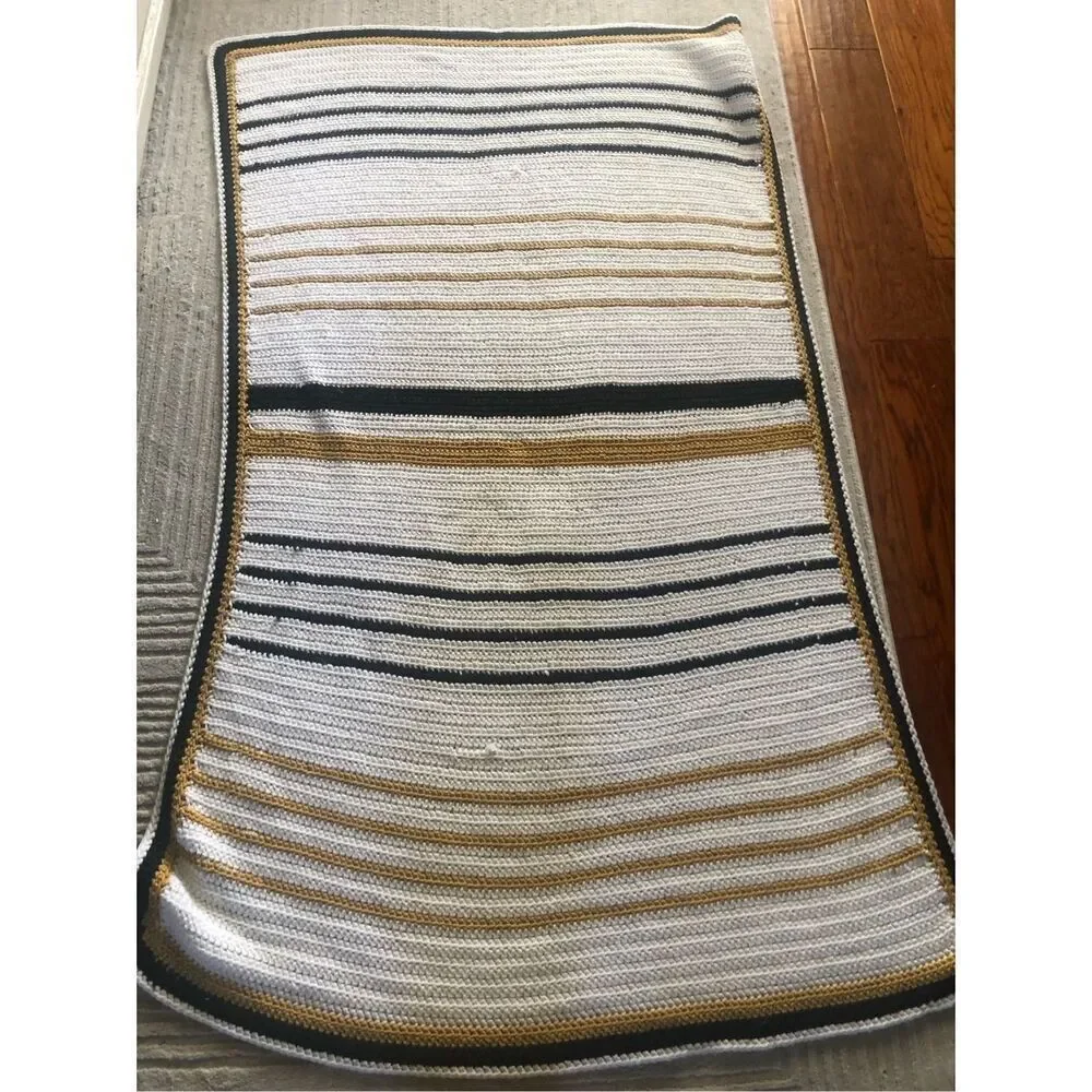 Handmade Crochet Throw Blanket White Navy Mustard Striped 34x58